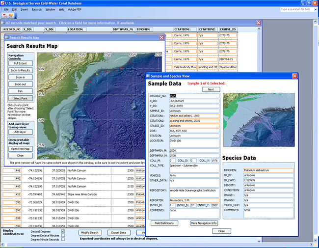 Figure 7D, screen shot of database showing search results window, search results map, and sample and species view window, with link to larger image.