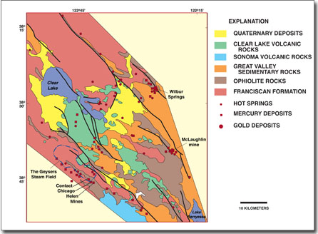 Reduced-size image of a geological map of the area showing locations of the mercury mines