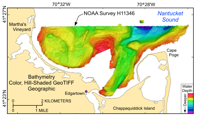 Thumbnail image of the GeoTIFF showing the 25-m color hill-shaded bathymetry collected during NOAA survey H11346 in Geogrphic, WGS84
