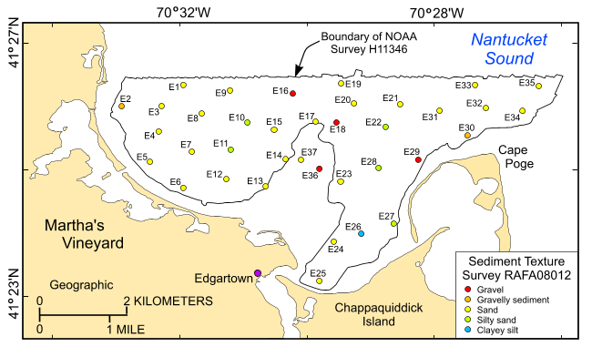 Thumbnail image showing the locations of sediment data collected during R/V RAFAEL cruise 08012 in the vicinity of Edgartown Harbor, offshore Massachusetts.