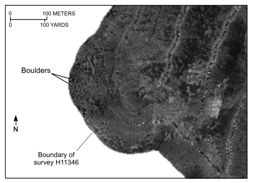 Figure 22, detail from the sidescan-sonar mosaic showing high backscatter targets interpreted to be boulders.