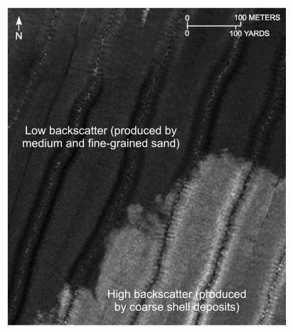Figure 24, detailed from the sidescan-sonar mosaic showing the contact between areas characterized high backscatter and shell deposits and low backscatter and fine-grained sand.