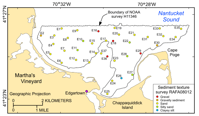 Figure 29, map of station locations color coded for sediment texture.