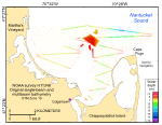 Thumbnail image of Figure 18, map of original single-beam and multibeam bathymetry from NOAA survey H11346, and link to larger figure. 