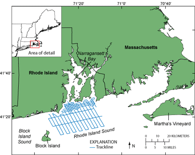 Figure 1. Map showing tracklines of cruise NECH80-1 in western Rhode Island Sound.