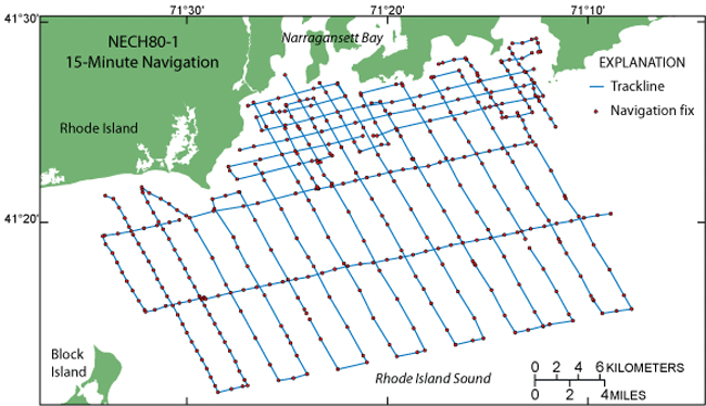 Figure 2. Map of 15-minute and start- and end-of-line navigation fixes from cruise NECH80-1 in western Rhode Island Sound.
