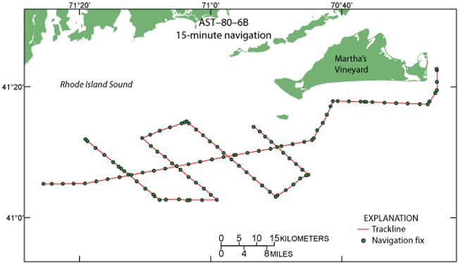 Figure 3. Map of 15-minute and start- and end-of-line navigation fixes from cruise AST-80-6B in southern Rhode Island Sound.