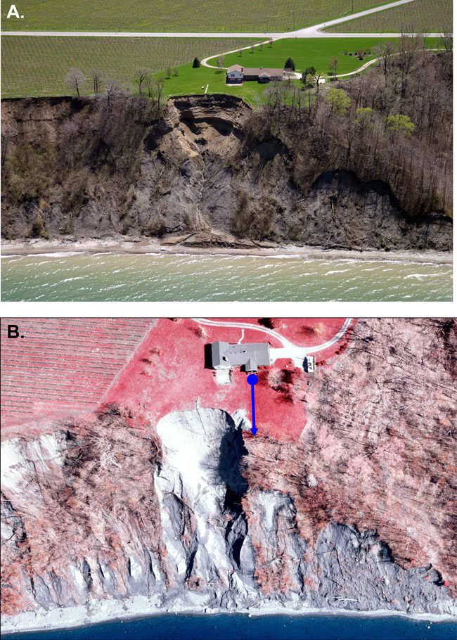 Figure 1. (A) This low-angle oblique aerial photograph shows an area of high recession along Lake Erie, Pennsylvania, bluffs that is not documented in a State Coastal Resources Management Program monitoring study as a result of the original location of the control point from which distance to the bluff edge is measured. (B) This low-altitude vertical aerial photograph of the same area shows the location of the control point (blue dot) and the azimuth (blue arrow) along which the transects are measured. Photographs from Pennsylvania Coastal Resource Management Program.