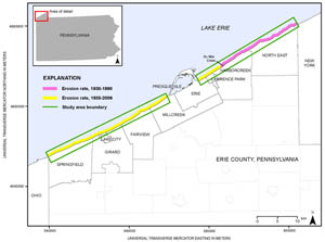 Figure 3. Location map of the Lake Erie, PA Coastal Zone including the study areas along which recession rates were calculated.