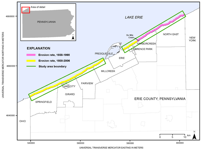 Figure 3. Location map of the Lake Erie, Pa., Coastal Zone including the study areas along which recession rates were calculated.