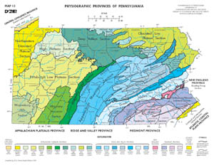 Figure 4. Map showing physiographic provinces of Pennsylvania. The bluffs of Lake Erie are in the upper northwestern corner of the state, in the Central Lowlands Province. (From Sevan, 2000)