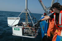 Thumbnail image of Figure 6, a photograph of the SEABOSS instrument being deployed.