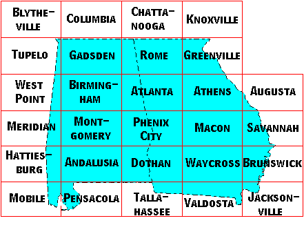 Image Map for selecting quadrangles in Alabama and Georgia. Equivalent text links provided below.