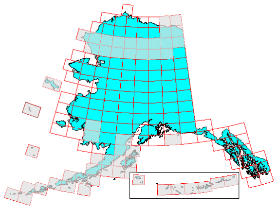 Image Map for selecting quadrangles in Alaska. Equivalent text links provided below.