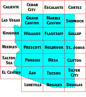 Image Map for selecting quadrangles in Arizona. Equivalent text links provided below.