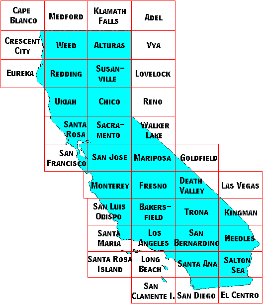 Image Map for selecting quadrangles in California. Equivalent text links provided below.