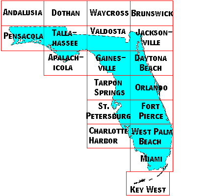 Image Map for selecting quadrangles in Florida. Equivalent text links provided below.