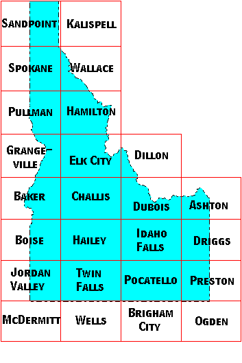 Image Map for selecting quadrangles in Idaho. Equivalent text links provided below.