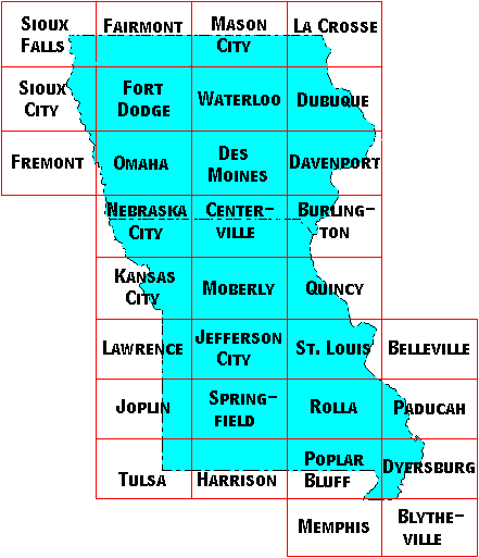Image Map for selecting quadrangles in Iowa and Missouri. Equivalent text links provided below.