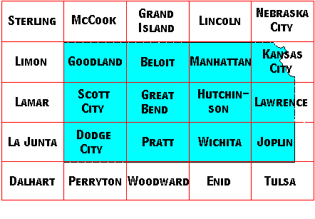 Image Map for selecting quadrangles in Kansas. Equivalent text links provided below.