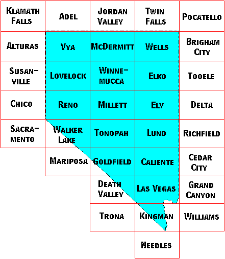 Image Map for selecting quadrangles in Nevada. Equivalent text links provided below.