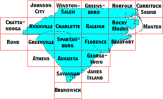 Image Map for selecting quadrangles in North and South Carolina. Equivalent text links provided below.