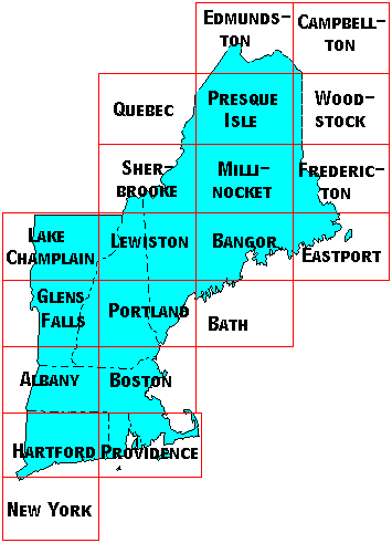 Image Map for selecting quadrangles in Connecticut, Maine, Massachusetts, New Hampshire, Rhode Island, and Vermont. Equivalent text links provided below.