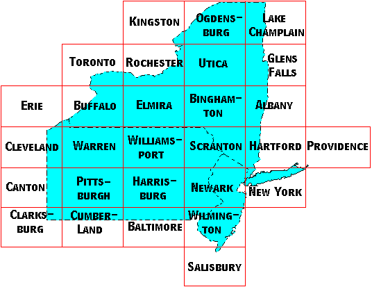 Image Map for selecting quadrangles in New Jersey, New York, and Pennsylvania. Equivalent text links provided below.