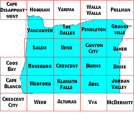 Image Map for selecting quadrangles in Oregon. Equivalent text links provided below.