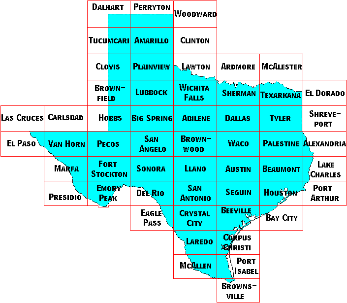 Image Map for selecting quadrangles in Texas. Equivalent text links provided below.