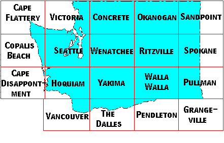 Image Map for selecting quadrangles in Washington. Equivalent text links provided below.