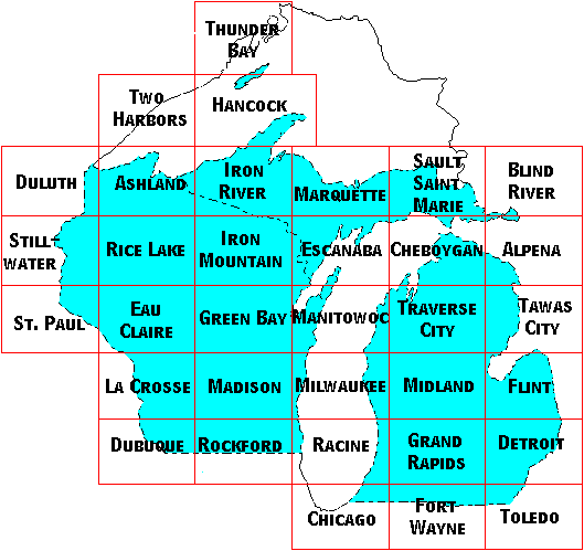 Image Map for selecting quadrangles in Wisconsin and Michigan. Equivalent text links provided below.