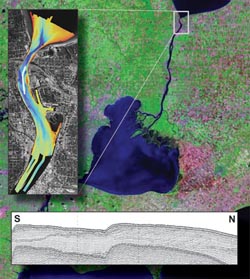 Thumbnail of title page artwork (a collage of images including basemap, bathymetric map, and boomer sub-bottom profile) and link to the report