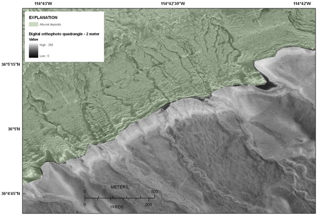 Figure 11, digital orthophotograph and sidescan-sonar image of the southern edge of Boulder Basin, and link to larger image.