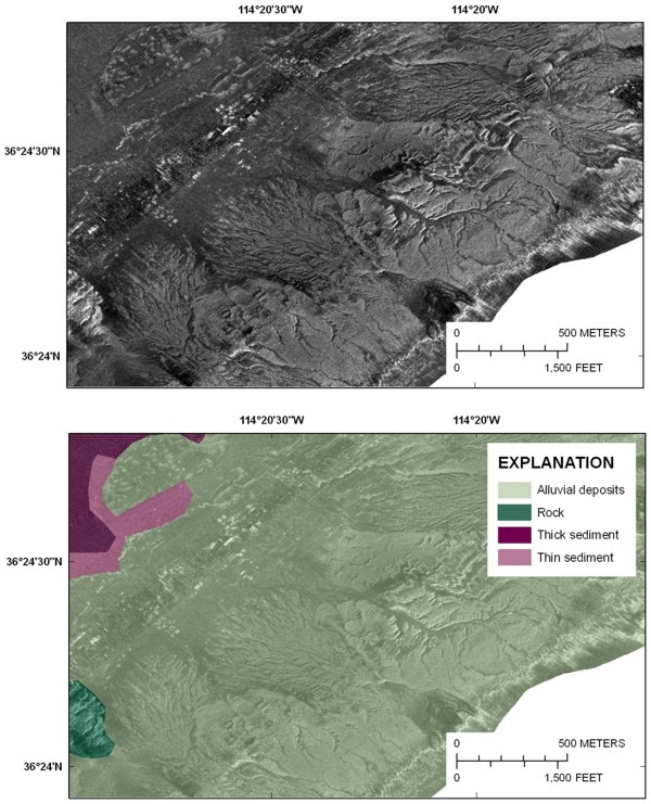 Figure 6, sidescan sonar image (top panel) and interpretation (bottom panel) showing alluvial deposits from the eastern side of Overton Arm, and link to larger image.