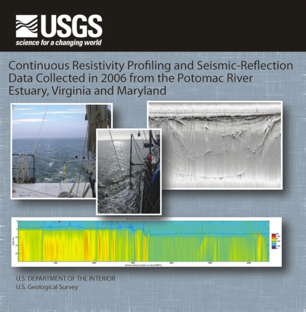 Report cover art showing the towed resistivity array, the pole mounted seismic system, a seismic-reflection profile, and a continuous resistivity profile.