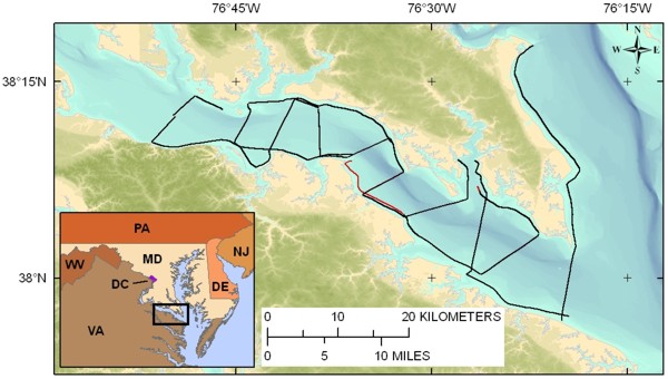 Figure 1, location map showing the geophysical survey tracklines.