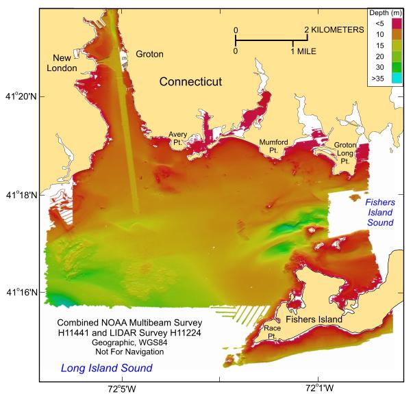 Thumbnail image of the GeoTIFF showing the 4-m color hill-shaded combined multibeam and LIDAR bathymetry collected during NOAA surveys H11441 and H11224 in geographic, WGS84