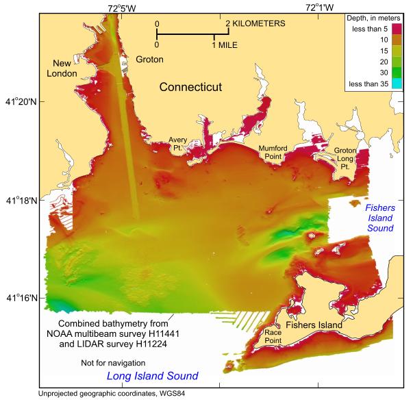 Figure 11. A map showing the bathymetry of the study area, produced from the combined multibeam and LIDAR bathymetry.