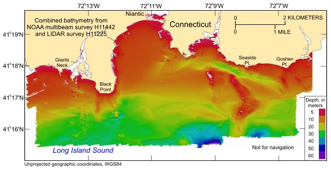 Figure 12.  A map of the seafloor offshore of Niantic, Connecticut, produced from the combined multibeam and LIDAR bathymetry.