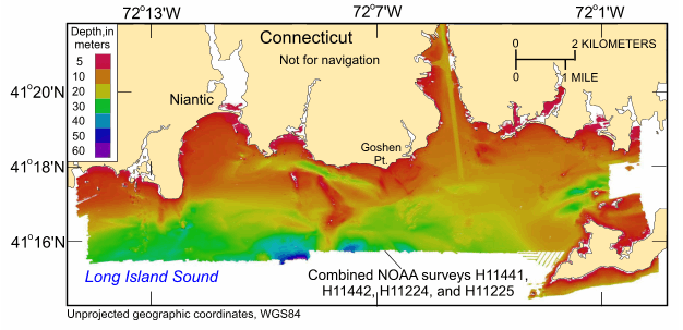 Figure 13.  A map of the seafloor offshore of New London and Niantic, Connecticut, produced from the combined multibeam and LIDAR bathymetry.