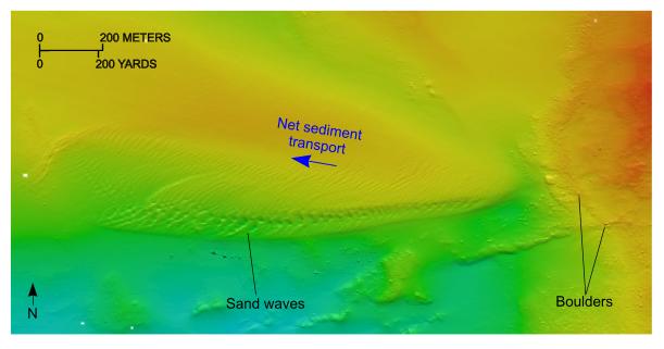 Figure 19. An illustration detailing the bouldery character of the flanks of Bartlett Reef and a nearby sand-wave field.