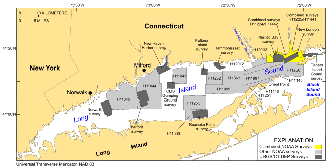 Figure 1. Map showing locations of the combined LIDAR/multibeam bathymetric surveys off New London and Niantic, Connecticut, in northeastern Long Island Sound.