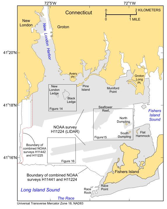 Figure 2. A map showing boundaries of the New London survey areas, local physiographic features, and locations of figures 14, 15, and 16.
