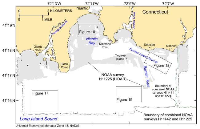 Figure 3.A map showing boundaries of the Niantic survey areas using lidar and bathymetry.