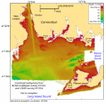 Thumbnail image of figure 11, and link to larger figure. A map showing the bathymetry of the study area, produced from the combined multibeam and LIDAR bathymetry.