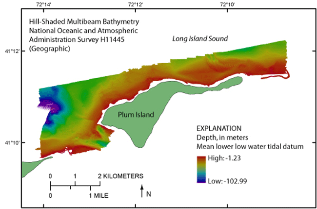 Thumbnail image of the GeoTIFF showing the 2-m color hill-shaded bathymetry collected during NOAA survey H11445 in geographic