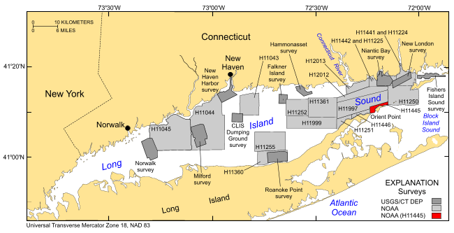 Figure 1. A map of the Long Island Sound study area (red polygon) showing the location of this study in relation to other surveys condicuted in this area (light gray polygons).