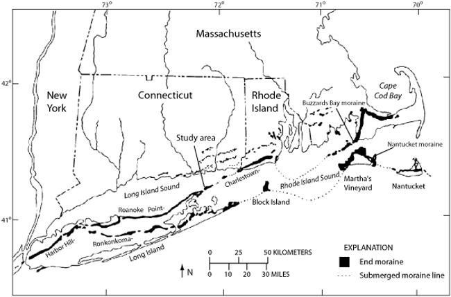 Figure 2. A map showing end moraines (black polygons) and submerged ridges (dashed lines) in southern New York and New England area.
