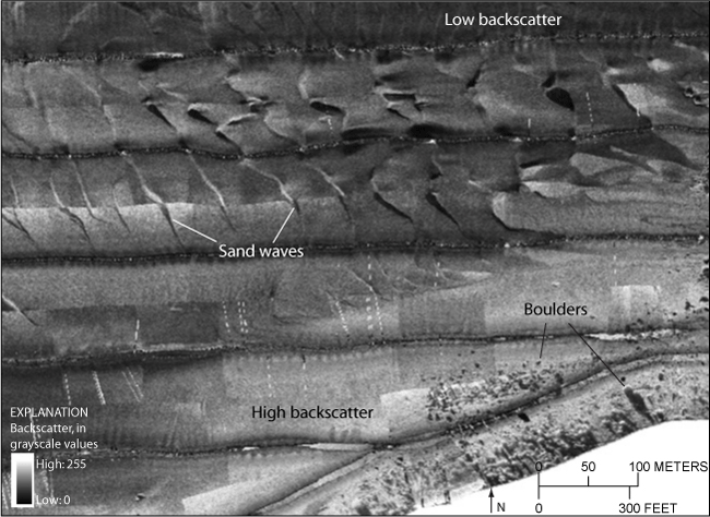 Figure 20. An illustration showing detailed sidescan-sonar image of sand waves and boulders in the study area.